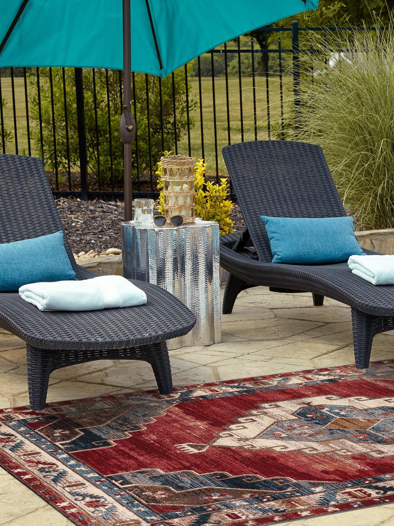 Red and Navy Blue 7' 10 x 10' Outdoor Traditional Rectangle Area Rug Weather Resistant for Patio, Deck, Terrace, Balcony, Porch Classical Design Outside Carpet for Sale at Rug Engine