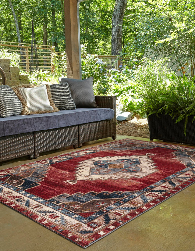 Red and Navy Blue 2' x 3' 1 Outdoor Traditional Rectangle Area Rug Weather Resistant for Patio, Deck, Terrace, Balcony, Porch Classical Design Outside Carpet for Sale at Rug Engine