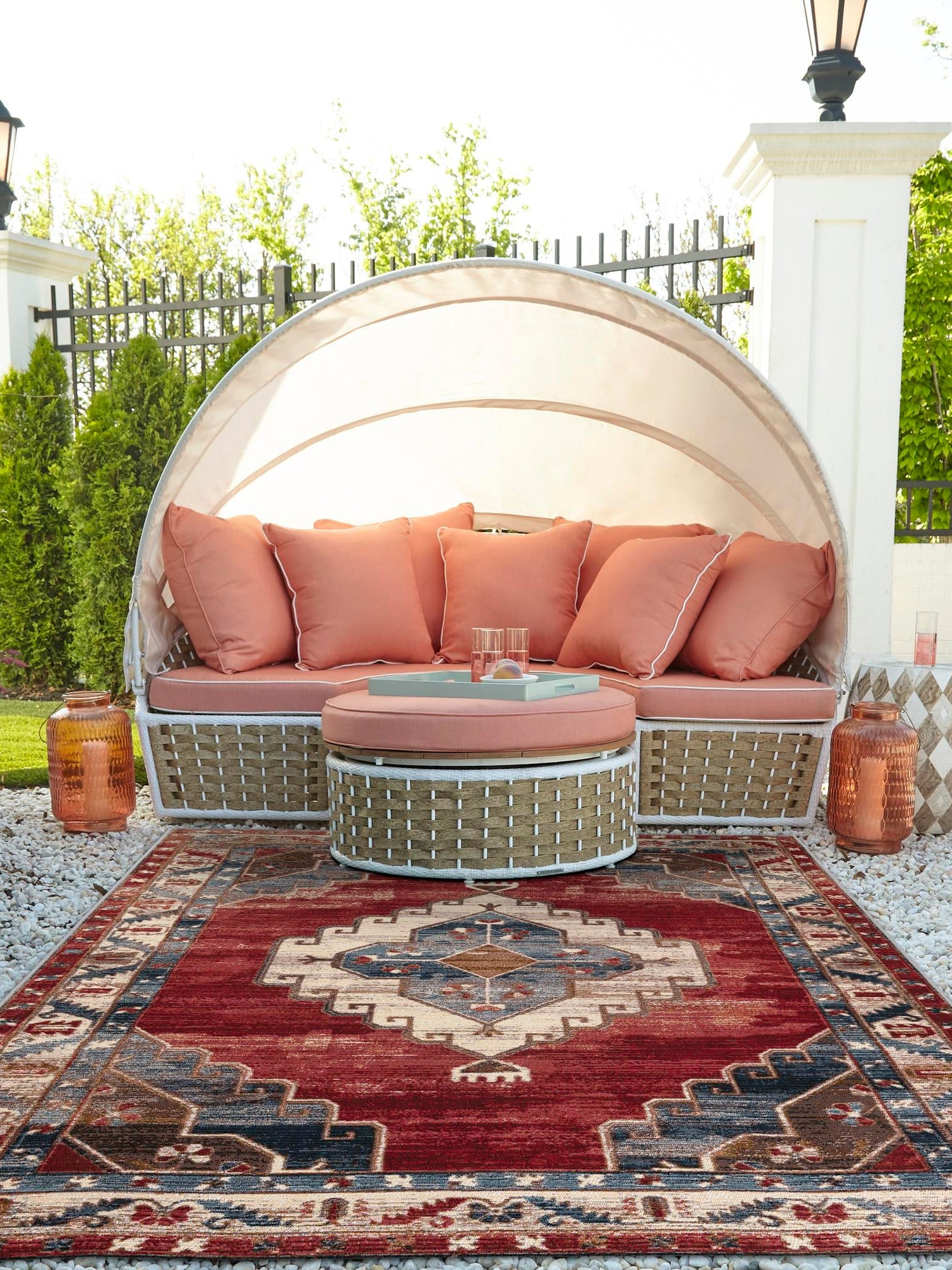 Red and Navy Blue 5' 1 x 7' 1 Outdoor Traditional Rectangle Area Rug Weather Resistant for Patio, Deck, Terrace, Balcony, Porch Classical Design Outside Carpet for Sale at Rug Engine