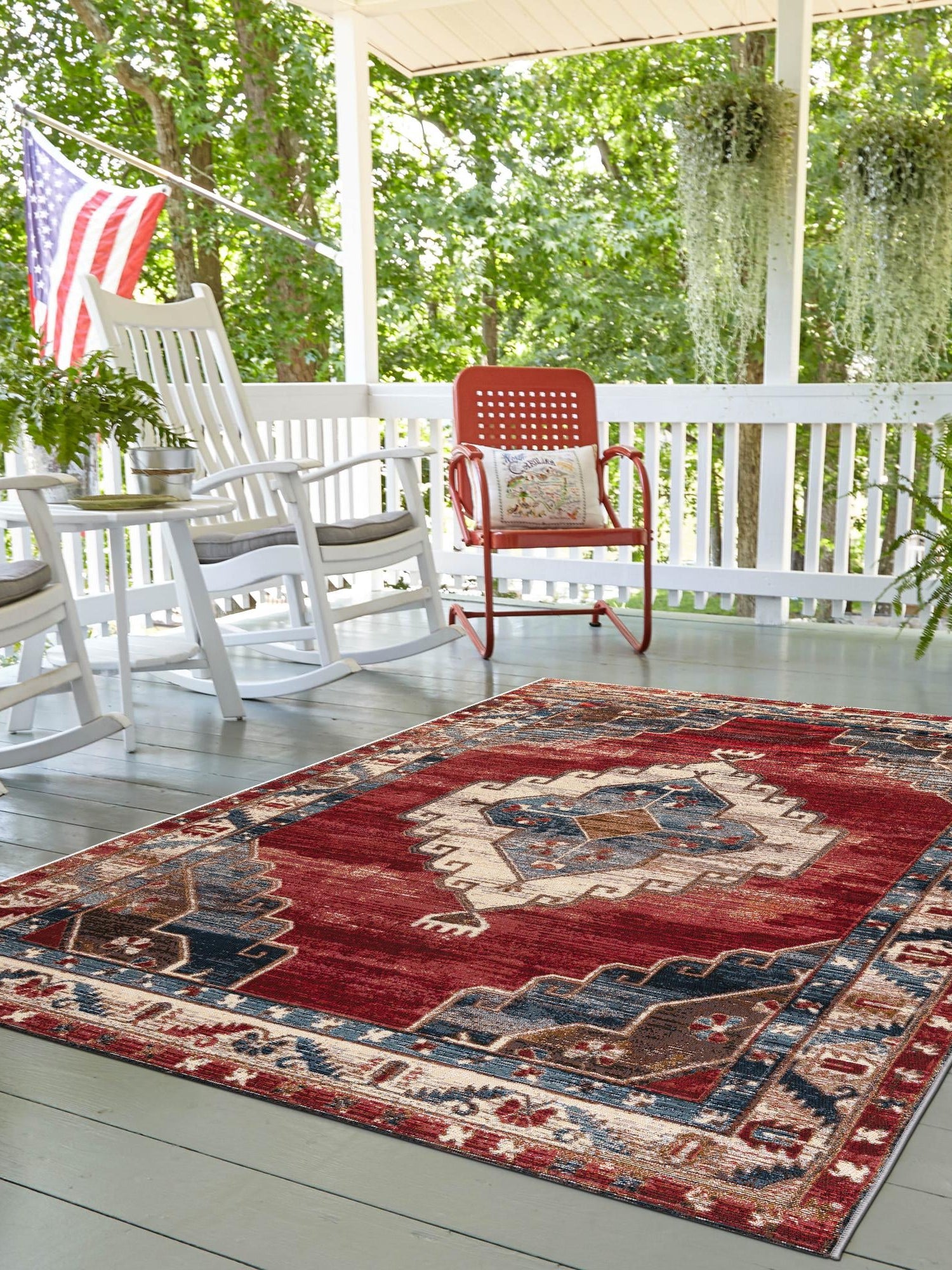 Red and Navy Blue 7' 10 x 10' Outdoor Traditional Rectangle Area Rug Weather Resistant for Patio, Deck, Terrace, Balcony, Porch Classical Design Outside Carpet for Sale at Rug Engine