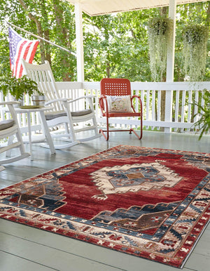 Red and Navy Blue 7' 10 x 10' Outdoor Traditional Rectangle Area Rug Weather Resistant for Patio, Deck, Terrace, Balcony, Porch Classical Design Outside Carpet for Sale at Rug Engine