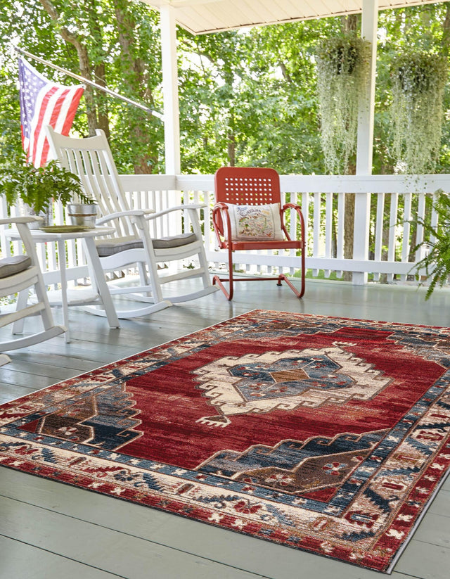 Red and Navy Blue 5' 1 x 7' 1 Outdoor Traditional Rectangle Area Rug Weather Resistant for Patio, Deck, Terrace, Balcony, Porch Classical Design Outside Carpet for Sale at Rug Engine