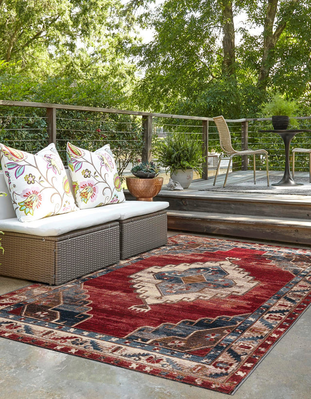 Red and Navy Blue 5' 1 x 7' 1 Outdoor Traditional Rectangle Area Rug Weather Resistant for Patio, Deck, Terrace, Balcony, Porch Classical Design Outside Carpet for Sale at Rug Engine