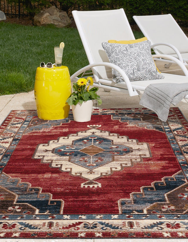 Red and Navy Blue 2' x 3' 1 Outdoor Traditional Rectangle Area Rug Weather Resistant for Patio, Deck, Terrace, Balcony, Porch Classical Design Outside Carpet for Sale at Rug Engine