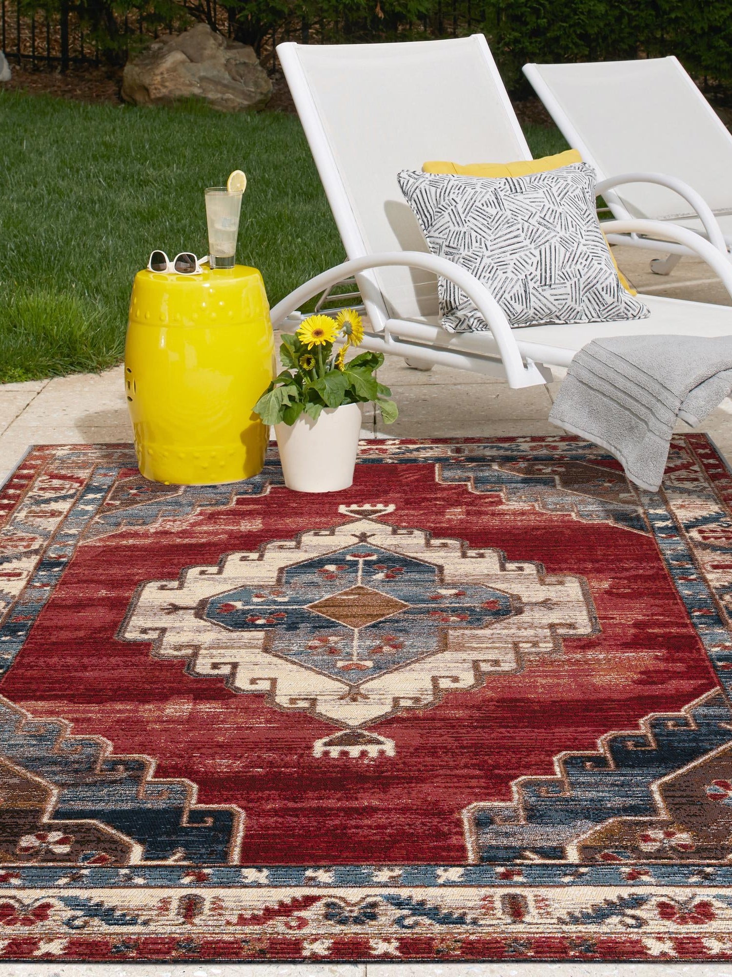 Red and Navy Blue 7' 10 x 10' Outdoor Traditional Rectangle Area Rug Weather Resistant for Patio, Deck, Terrace, Balcony, Porch Classical Design Outside Carpet for Sale at Rug Engine