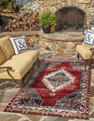 Red and Navy Blue 10' x 14' 1 Outdoor Traditional Rectangle Area Rug Weather Resistant for Patio, Deck, Terrace, Balcony, Porch Classical Design Outside Carpet for Sale at Rug Engine