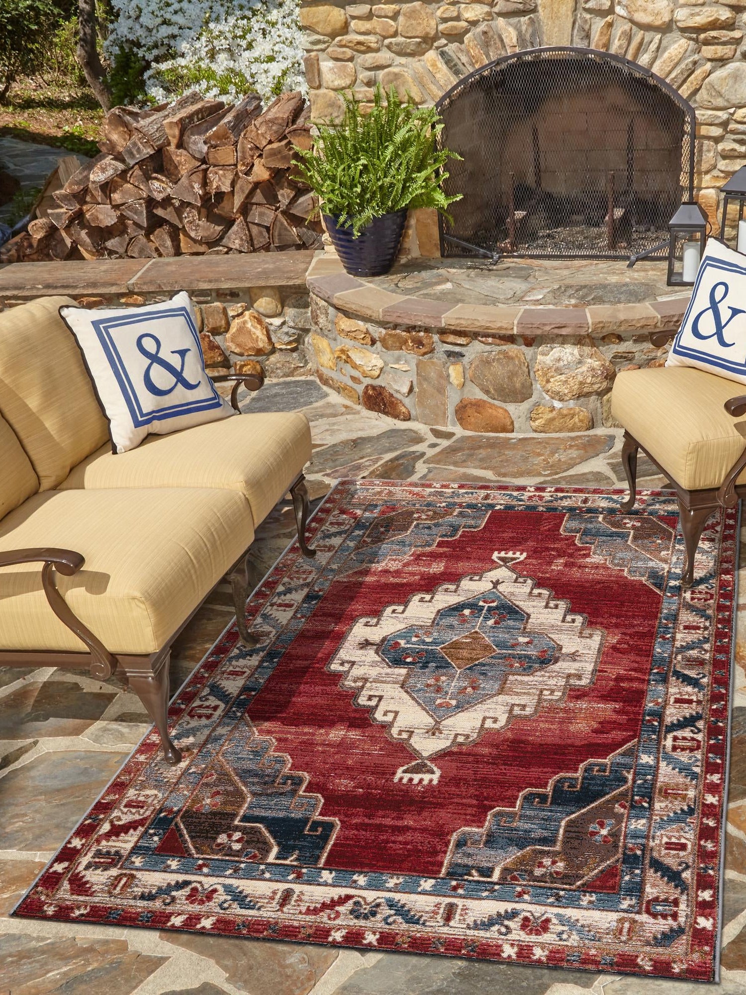 Red and Navy Blue 7' 10 x 10' Outdoor Traditional Rectangle Area Rug Weather Resistant for Patio, Deck, Terrace, Balcony, Porch Classical Design Outside Carpet for Sale at Rug Engine