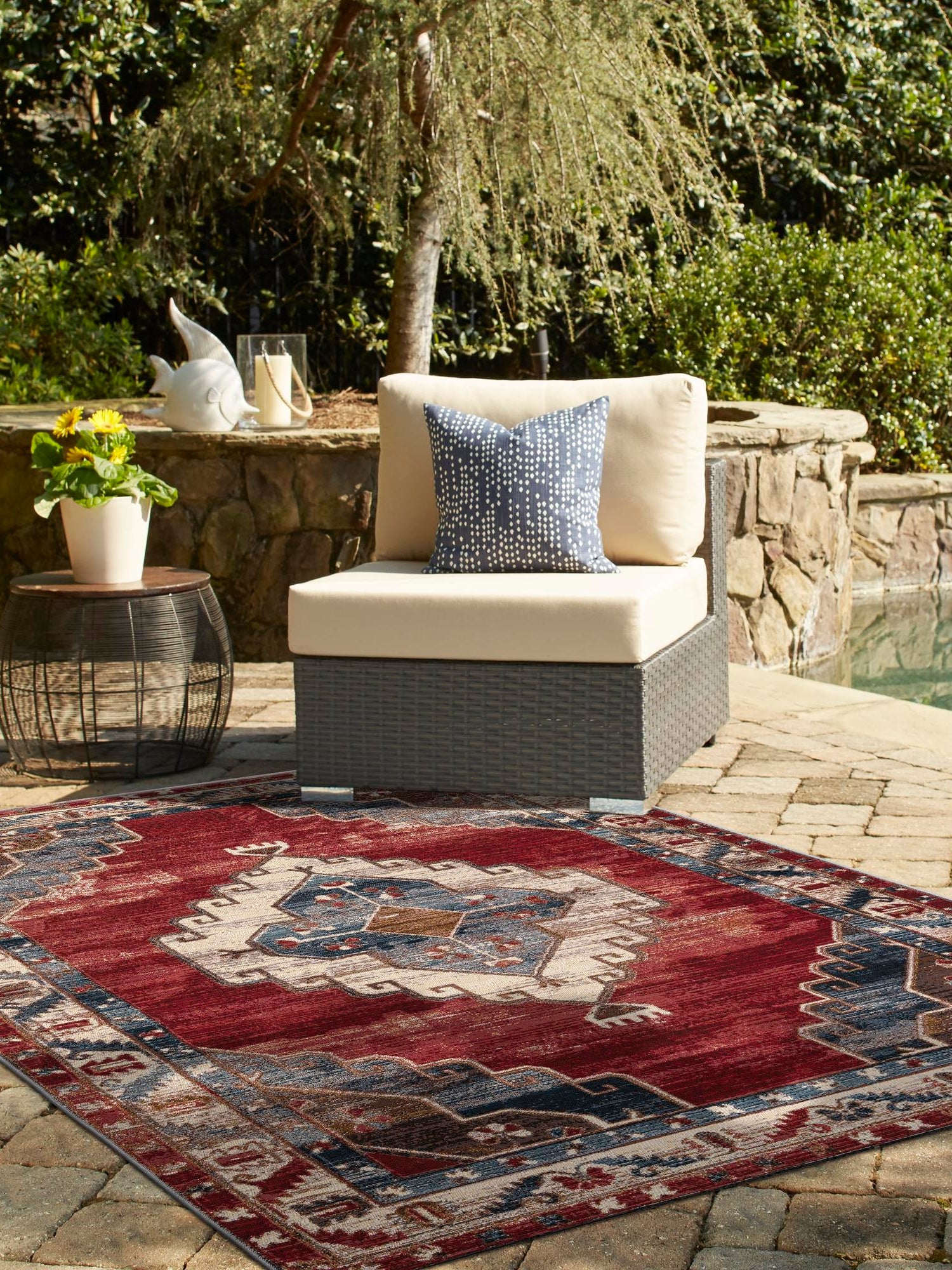 Red and Navy Blue 7' 10 x 10' Outdoor Traditional Rectangle Area Rug Weather Resistant for Patio, Deck, Terrace, Balcony, Porch Classical Design Outside Carpet for Sale at Rug Engine