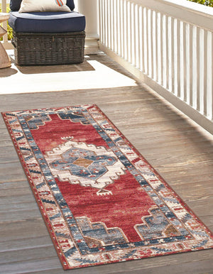 Red and Navy Blue 2' x 6' 1 Outdoor Traditional Runner Area Rug Weather Resistant for Patio, Deck, Terrace, Balcony, Porch Classical Design Outside Carpet for Sale at Rug Engine