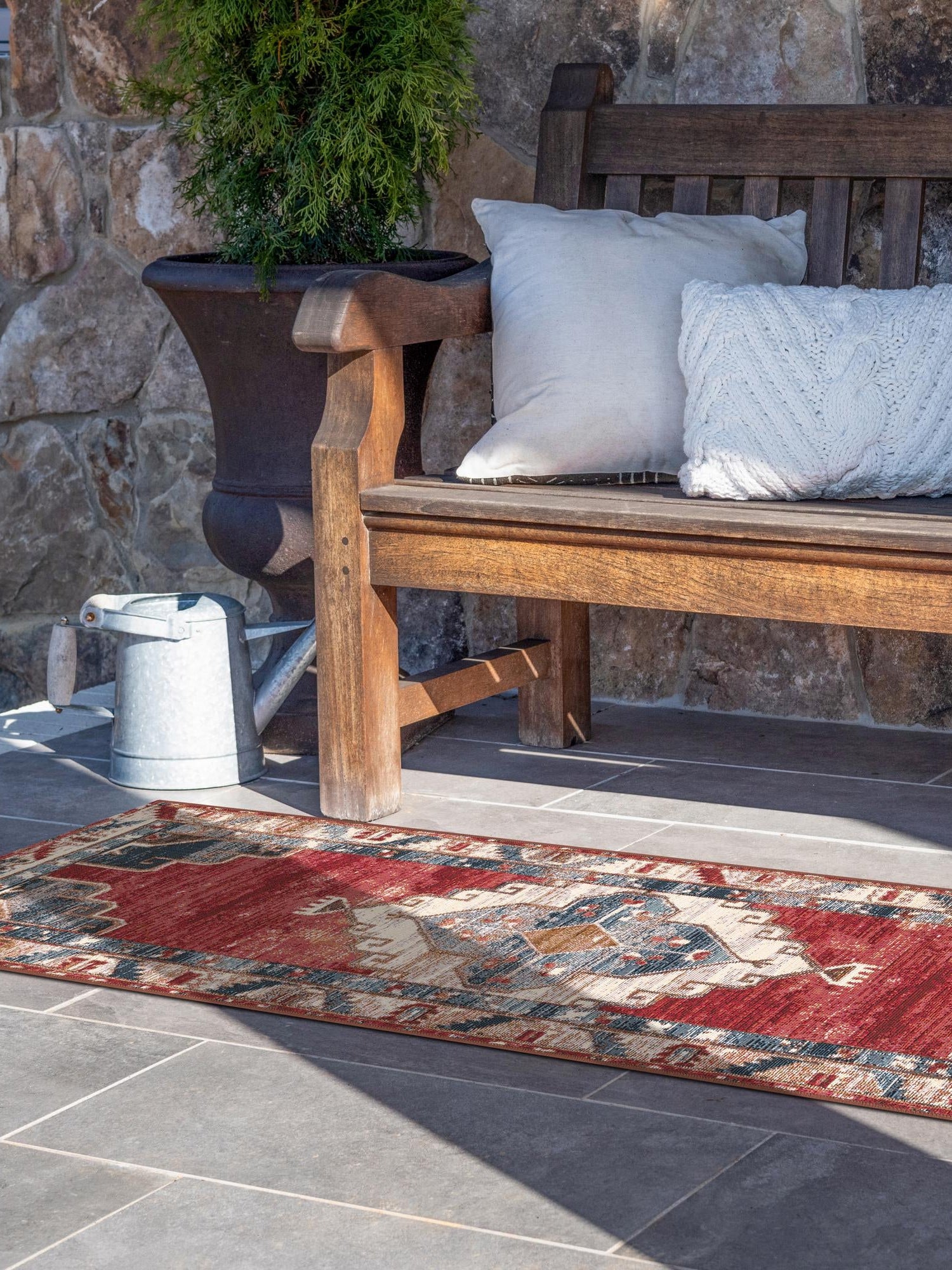 Red and Navy Blue 2' 7 x 10' Outdoor Traditional Runner Area Rug Weather Resistant for Patio, Deck, Terrace, Balcony, Porch Classical Design Outside Carpet for Sale at Rug Engine