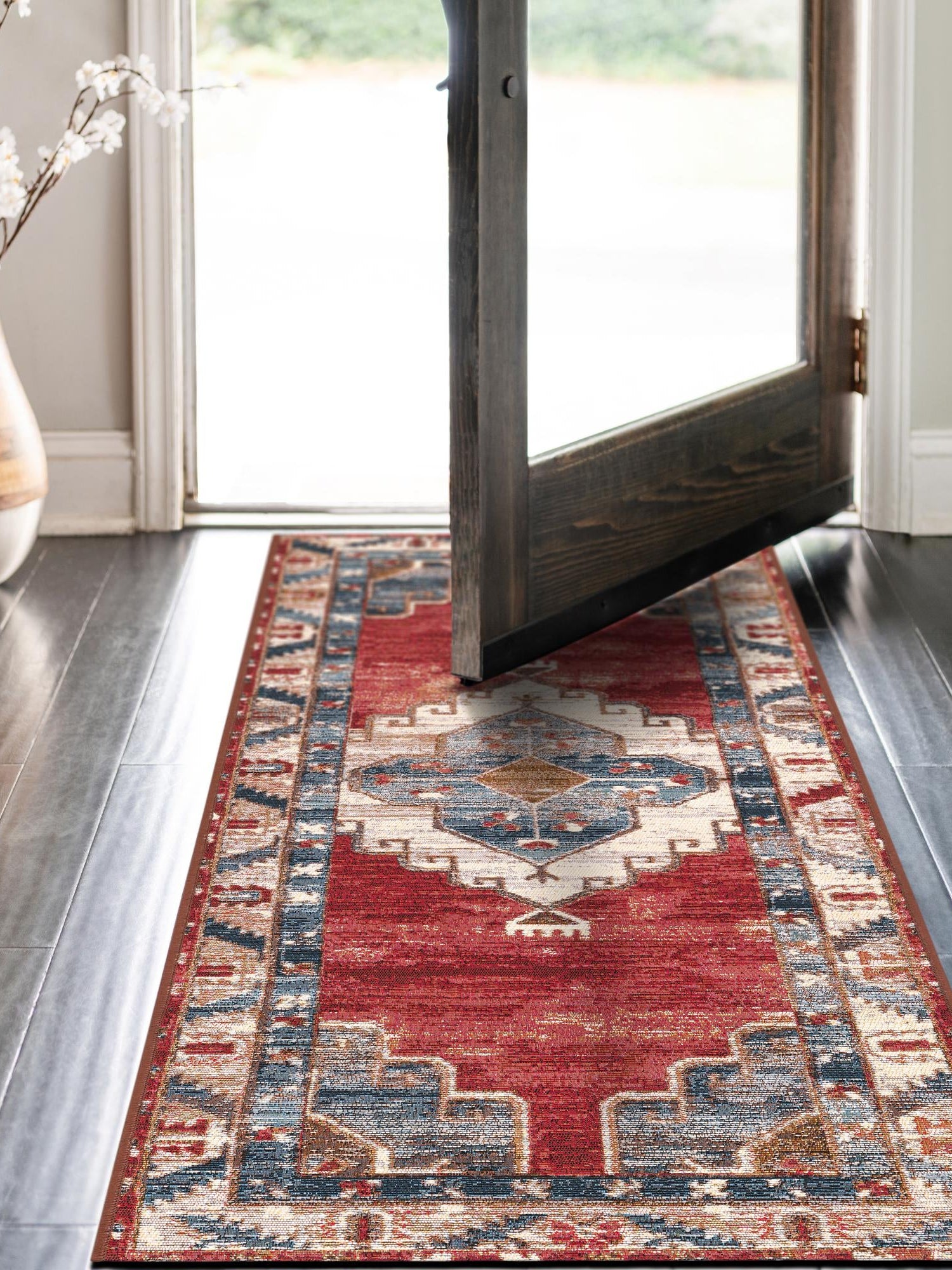 Red and Navy Blue 2' 7 x 10' Outdoor Traditional Runner Area Rug Weather Resistant for Patio, Deck, Terrace, Balcony, Porch Classical Design Outside Carpet for Sale at Rug Engine