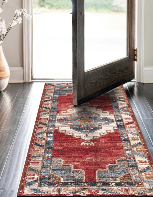 Red and Navy Blue 2' x 6' 1 Outdoor Traditional Runner Area Rug Weather Resistant for Patio, Deck, Terrace, Balcony, Porch Classical Design Outside Carpet for Sale at Rug Engine