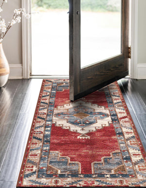Red and Navy Blue 2' x 5' 1 Outdoor Traditional Runner Area Rug Weather Resistant for Patio, Deck, Terrace, Balcony, Porch Classical Design Outside Carpet for Sale at Rug Engine