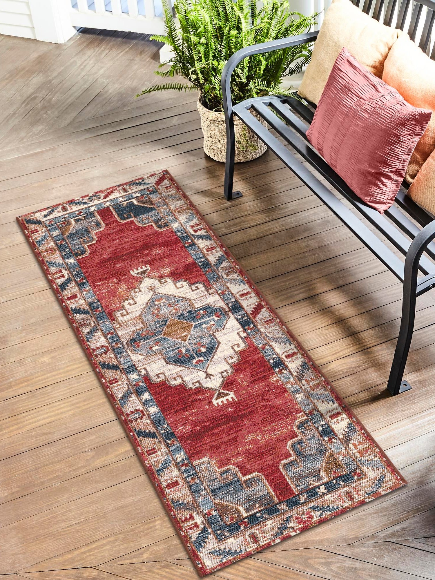 Red and Navy Blue 2' x 6' 1 Outdoor Traditional Runner Area Rug Weather Resistant for Patio, Deck, Terrace, Balcony, Porch Classical Design Outside Carpet for Sale at Rug Engine