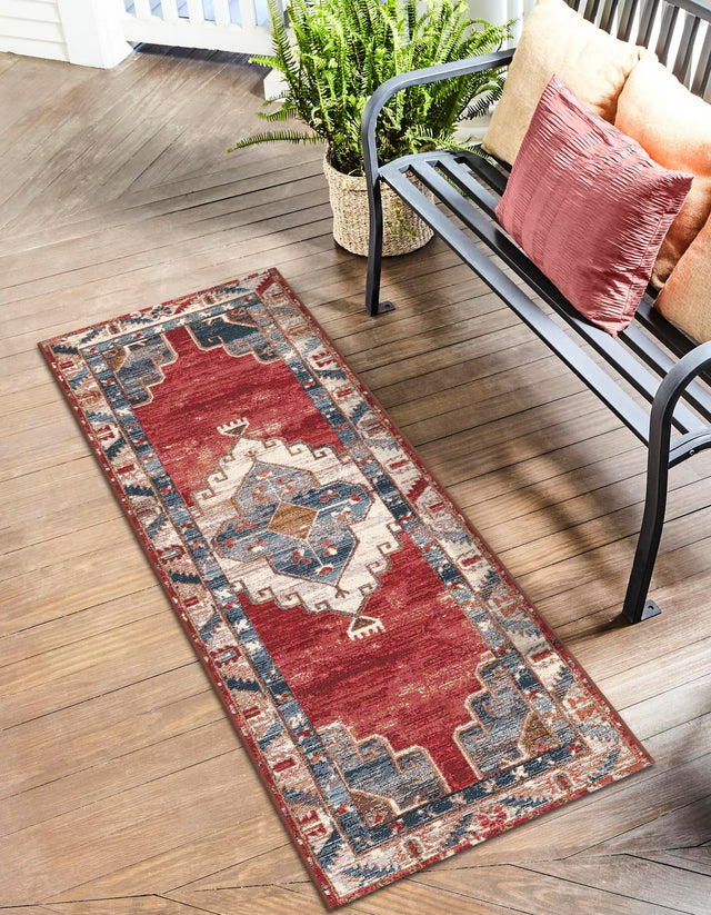 Red and Navy Blue 2' x 6' 1 Outdoor Traditional Runner Area Rug Weather Resistant for Patio, Deck, Terrace, Balcony, Porch Classical Design Outside Carpet for Sale at Rug Engine