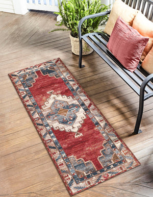 Red and Navy Blue 2' x 5' 1 Outdoor Traditional Runner Area Rug Weather Resistant for Patio, Deck, Terrace, Balcony, Porch Classical Design Outside Carpet for Sale at Rug Engine