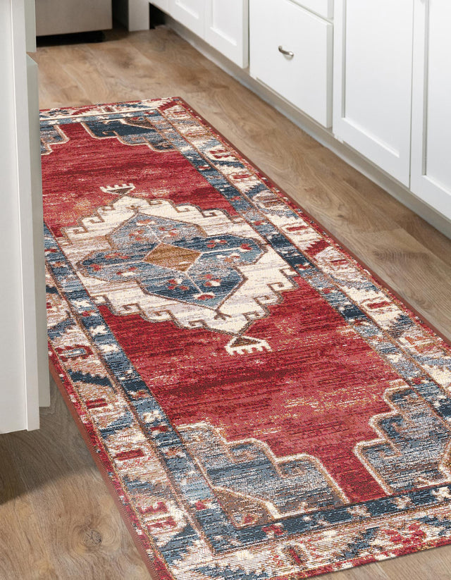 Red and Navy Blue 2' x 8' Outdoor Traditional Runner Area Rug Weather Resistant for Patio, Deck, Terrace, Balcony, Porch Classical Design Outside Carpet for Sale at Rug Engine