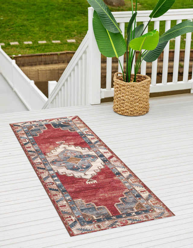 Red and Navy Blue 2' 7 x 12' Outdoor Traditional Runner Area Rug Weather Resistant for Patio, Deck, Terrace, Balcony, Porch Classical Design Outside Carpet for Sale at Rug Engine