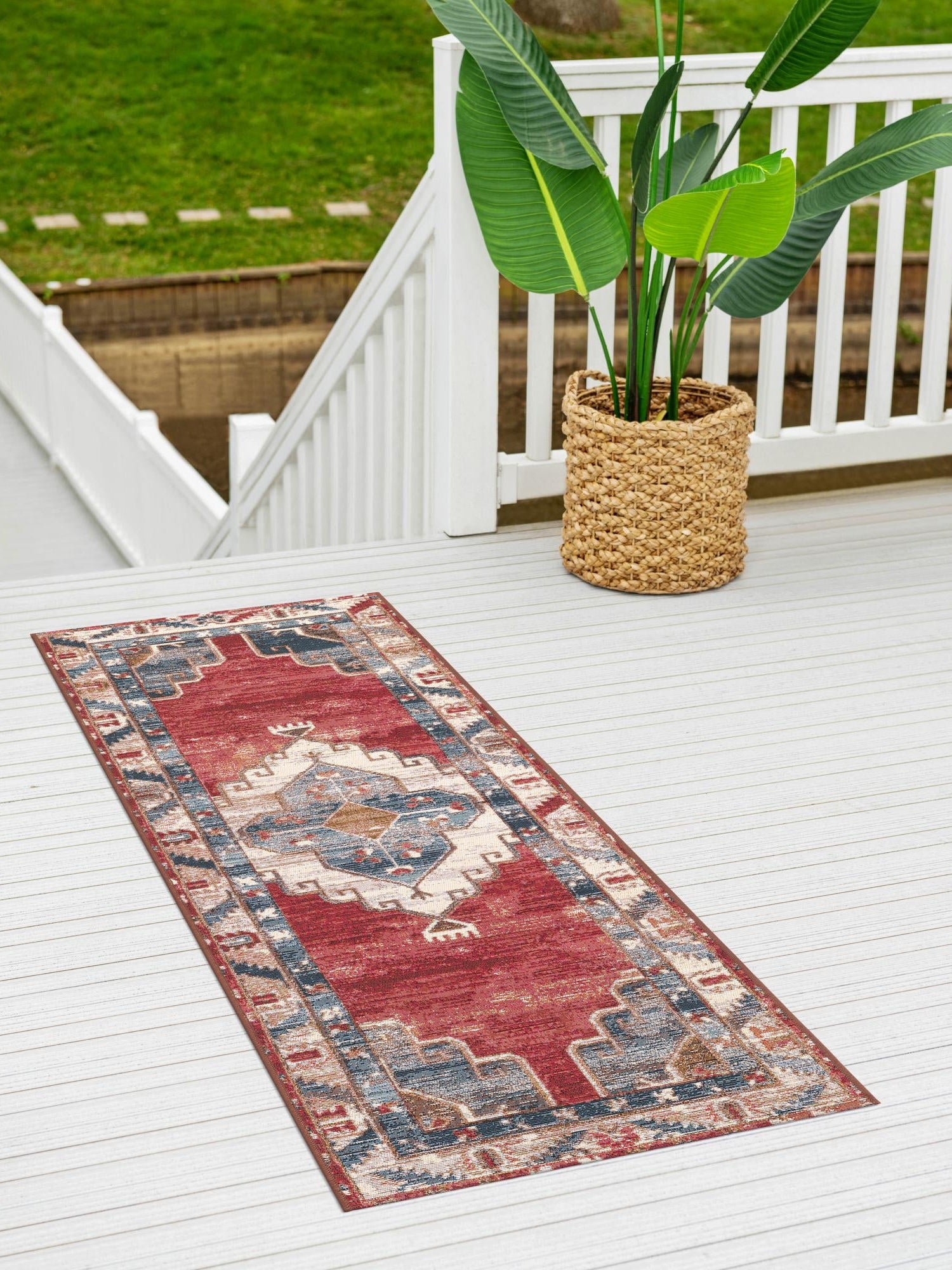 Red and Navy Blue 2' x 6' 1 Outdoor Traditional Runner Area Rug Weather Resistant for Patio, Deck, Terrace, Balcony, Porch Classical Design Outside Carpet for Sale at Rug Engine