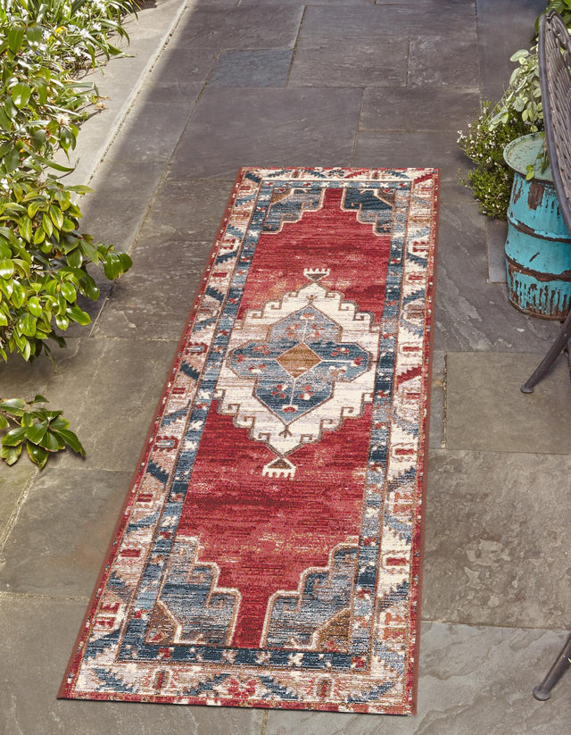 Red and Navy Blue 2' x 8' Outdoor Traditional Runner Area Rug Weather Resistant for Patio, Deck, Terrace, Balcony, Porch Classical Design Outside Carpet for Sale at Rug Engine