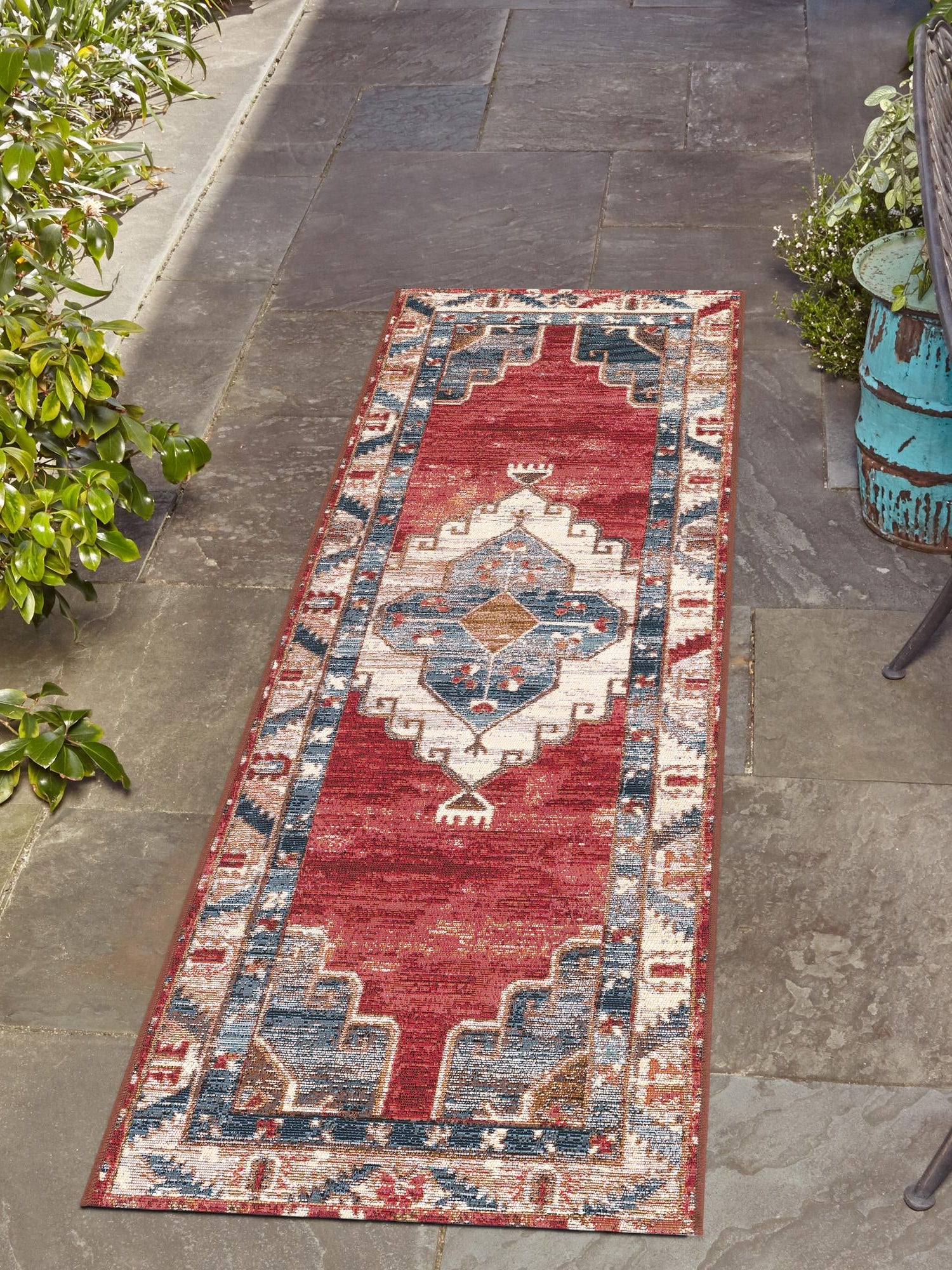 Red and Navy Blue 2' 7 x 12' Outdoor Traditional Runner Area Rug Weather Resistant for Patio, Deck, Terrace, Balcony, Porch Classical Design Outside Carpet for Sale at Rug Engine