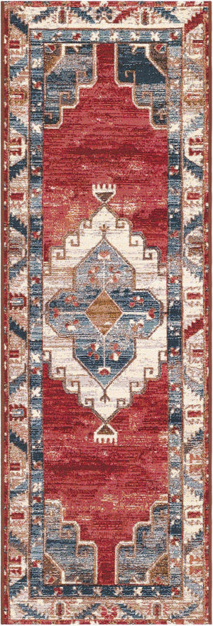 Red and Navy Blue 2' x 6' 1 Outdoor Traditional Runner Area Rug Weather Resistant for Patio, Deck, Terrace, Balcony, Porch Classical Design Outside Carpet for Sale at Rug Engine