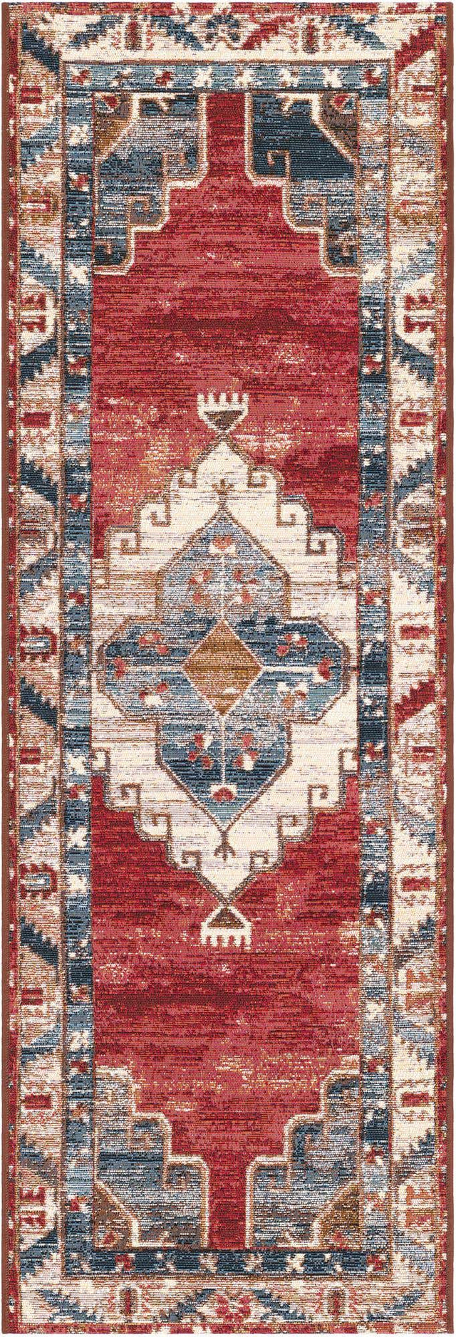 Red and Navy Blue 2' x 6' 1 Outdoor Traditional Runner Area Rug Weather Resistant for Patio, Deck, Terrace, Balcony, Porch Classical Design Outside Carpet for Sale at Rug Engine