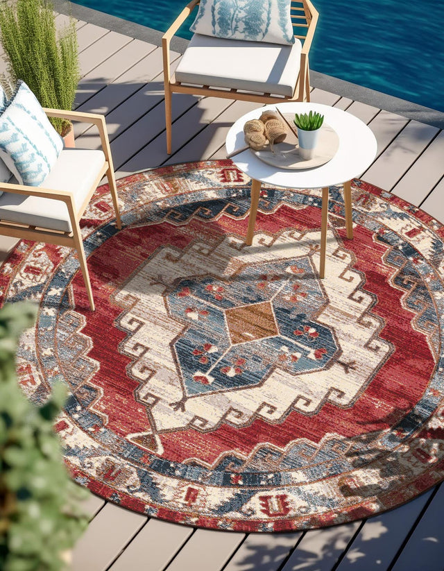 Red and Navy Blue 7' 10 x 7' 10 Outdoor Traditional Round Area Rug Weather Resistant for Patio, Deck, Terrace, Balcony, Porch Classical Design Outside Carpet for Sale at Rug Engine