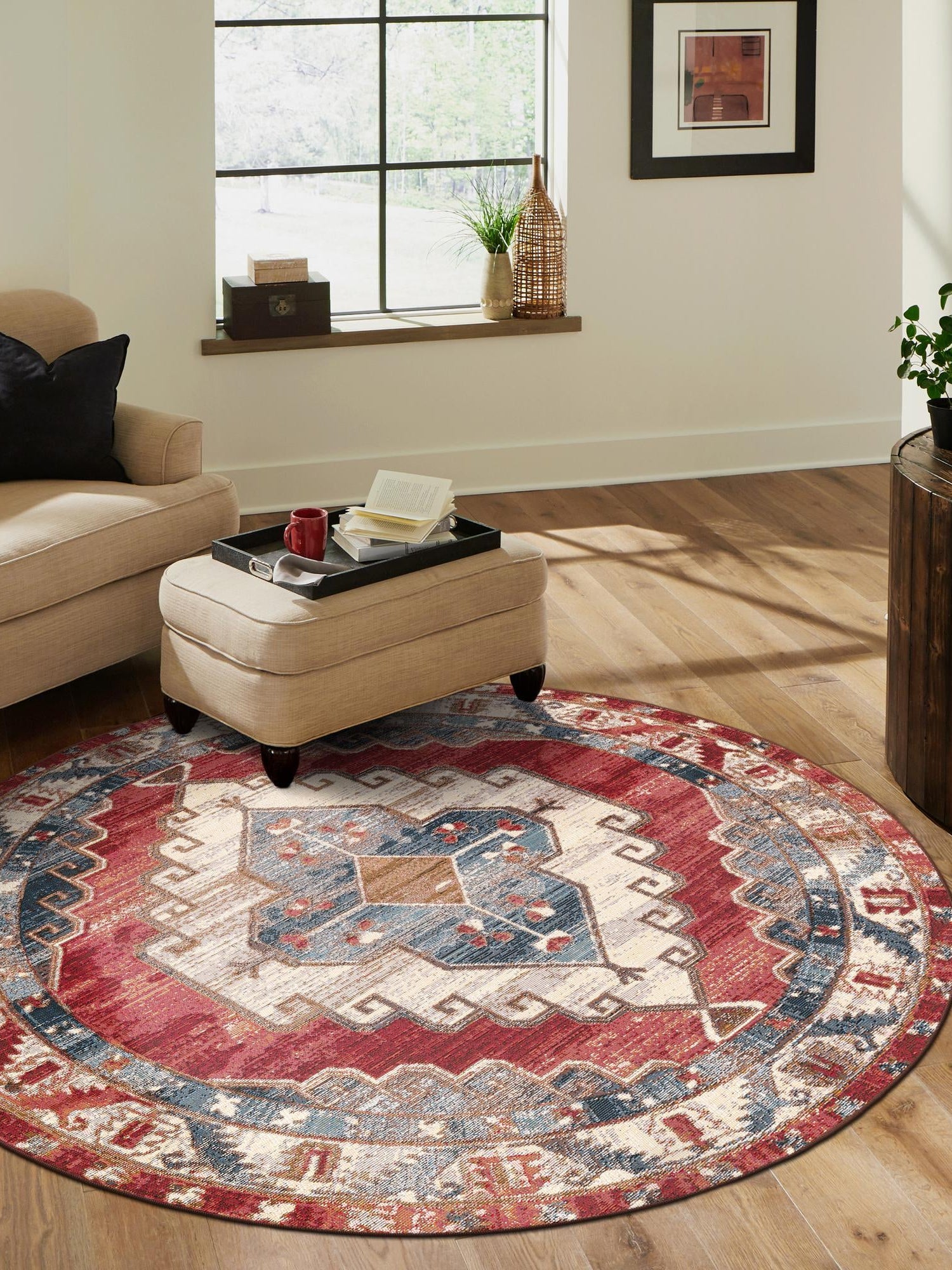 Red and Navy Blue 7' 10 x 7' 10 Outdoor Traditional Round Area Rug Weather Resistant for Patio, Deck, Terrace, Balcony, Porch Classical Design Outside Carpet for Sale at Rug Engine
