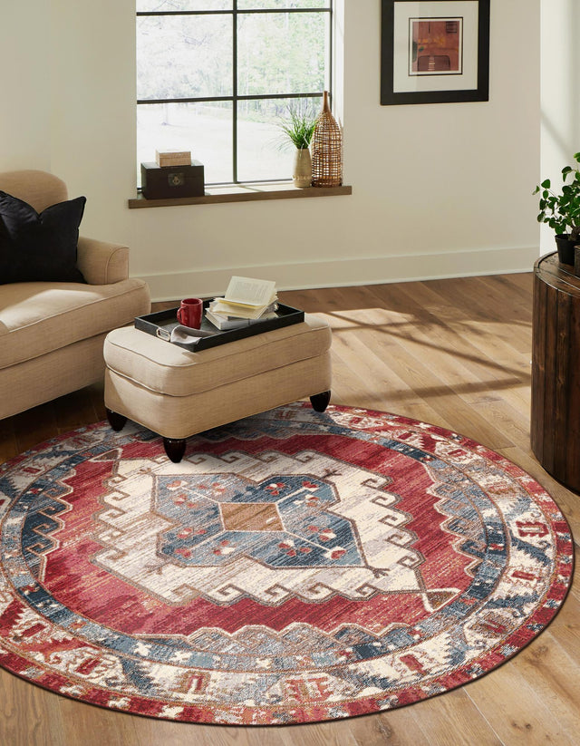 Red and Navy Blue 4' 1 x 4' 1 Outdoor Traditional Round Area Rug Weather Resistant for Patio, Deck, Terrace, Balcony, Porch Classical Design Outside Carpet for Sale at Rug Engine
