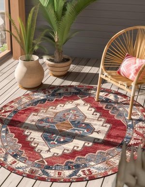 Red and Navy Blue 3' 1 x 3' 1 Outdoor Traditional Round Area Rug Weather Resistant for Patio, Deck, Terrace, Balcony, Porch Classical Design Outside Carpet for Sale at Rug Engine