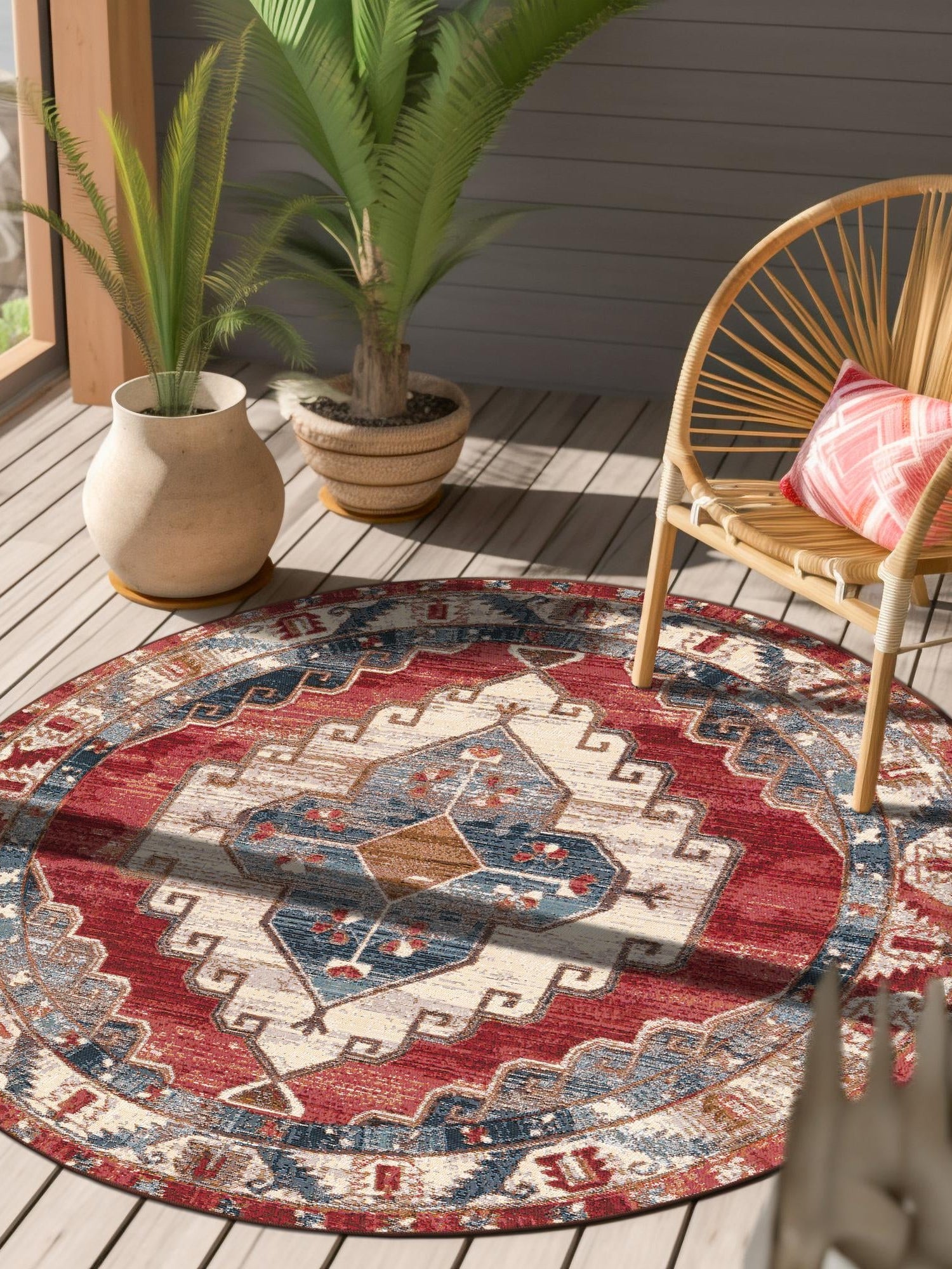 Red and Navy Blue 7' 10 x 7' 10 Outdoor Traditional Round Area Rug Weather Resistant for Patio, Deck, Terrace, Balcony, Porch Classical Design Outside Carpet for Sale at Rug Engine