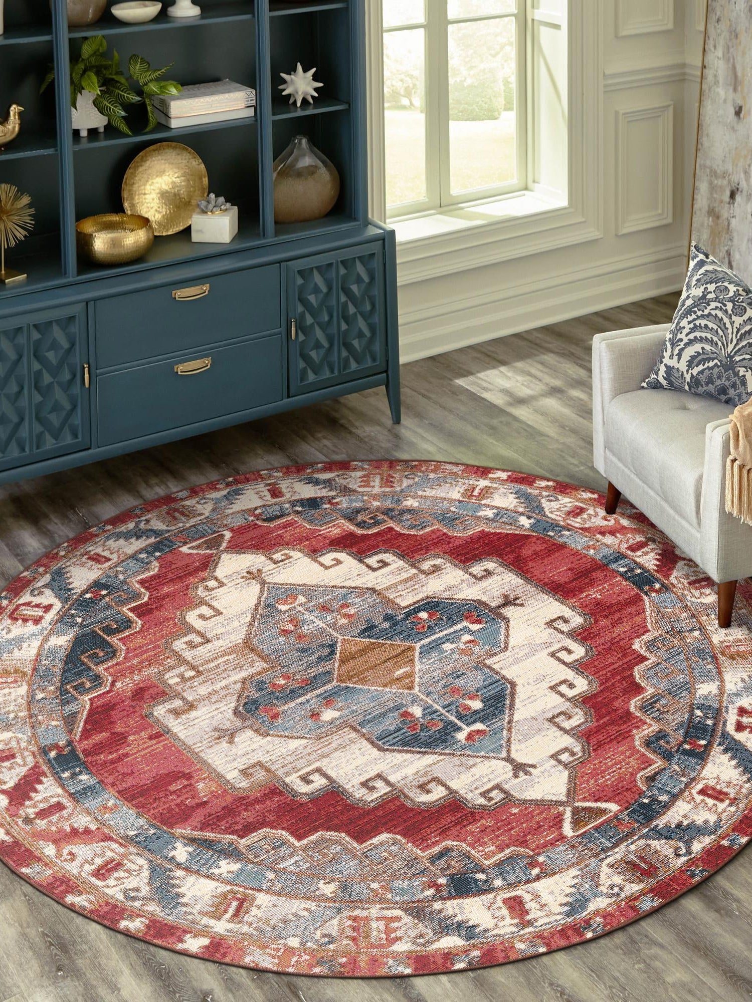 Red and Navy Blue 7' 10 x 7' 10 Outdoor Traditional Round Area Rug Weather Resistant for Patio, Deck, Terrace, Balcony, Porch Classical Design Outside Carpet for Sale at Rug Engine