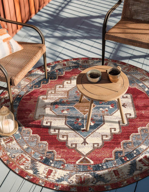Red and Navy Blue 3' 1 x 3' 1 Outdoor Traditional Round Area Rug Weather Resistant for Patio, Deck, Terrace, Balcony, Porch Classical Design Outside Carpet for Sale at Rug Engine
