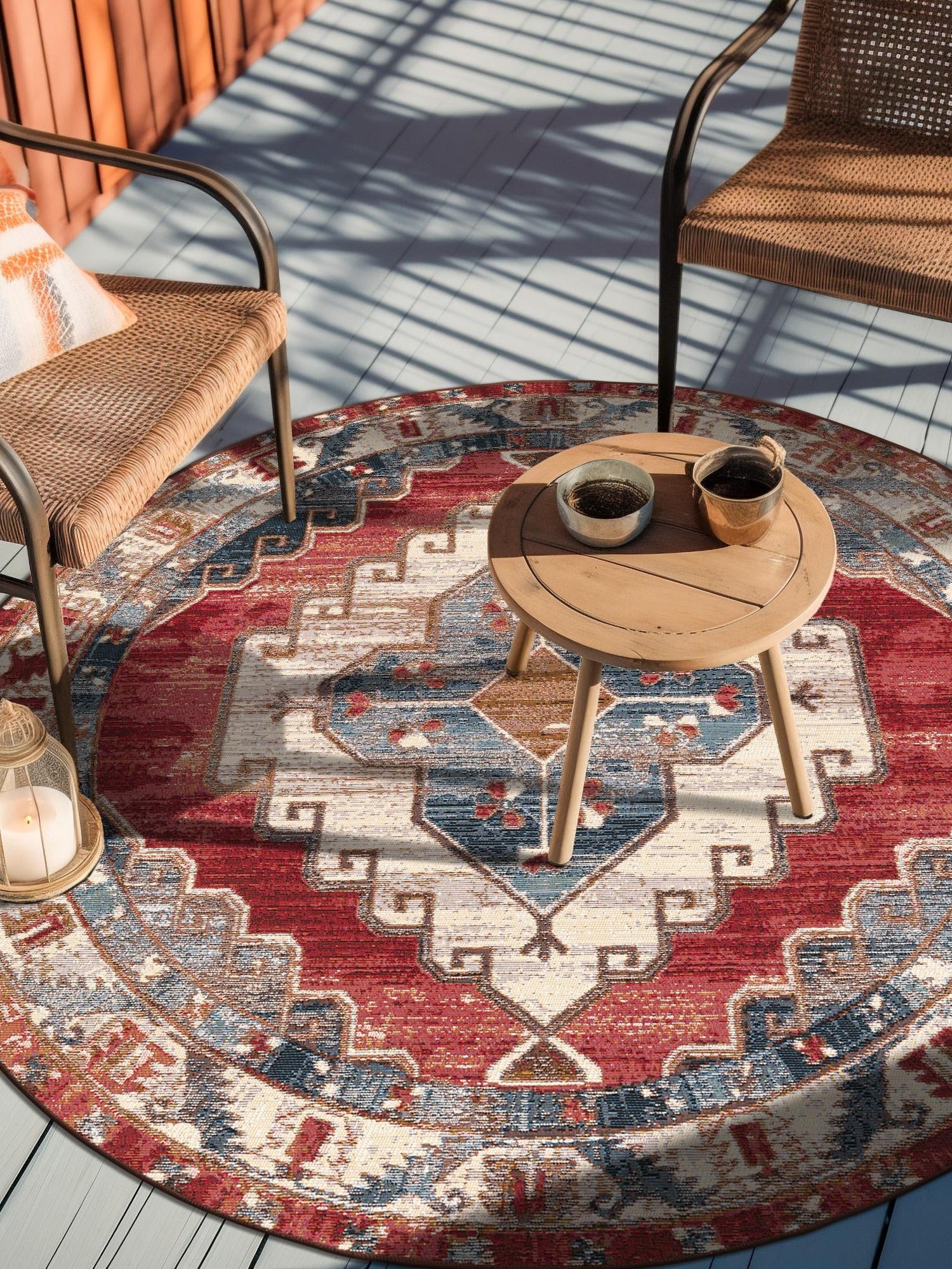 Red and Navy Blue 7' 10 x 7' 10 Outdoor Traditional Round Area Rug Weather Resistant for Patio, Deck, Terrace, Balcony, Porch Classical Design Outside Carpet for Sale at Rug Engine
