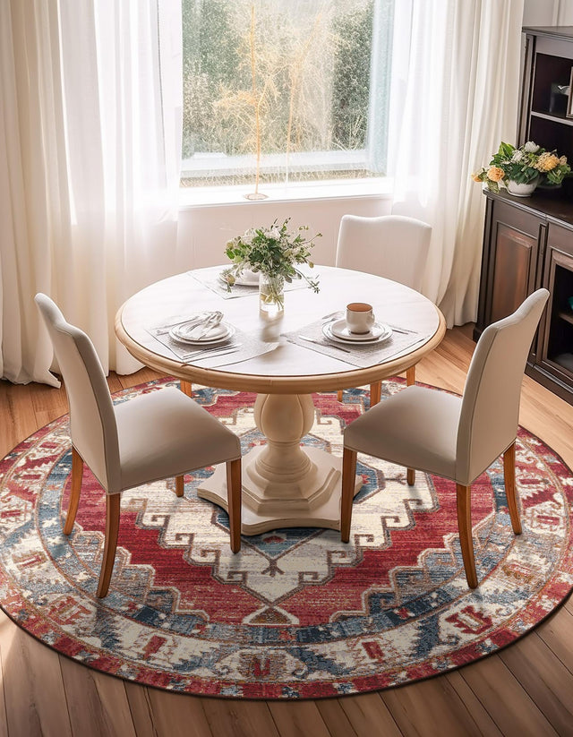 Red and Navy Blue 4' 1 x 4' 1 Outdoor Traditional Round Area Rug Weather Resistant for Patio, Deck, Terrace, Balcony, Porch Classical Design Outside Carpet for Sale at Rug Engine