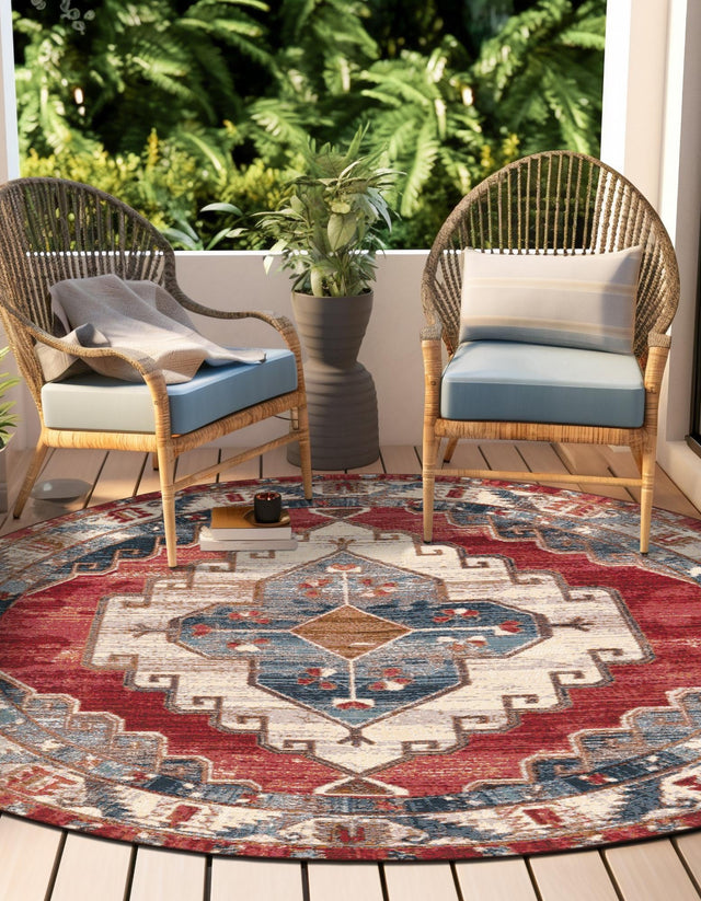 Red and Navy Blue 3' 1 x 3' 1 Outdoor Traditional Round Area Rug Weather Resistant for Patio, Deck, Terrace, Balcony, Porch Classical Design Outside Carpet for Sale at Rug Engine