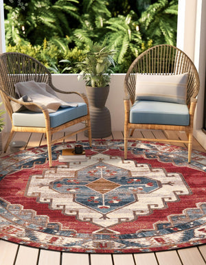 Red and Navy Blue 4' 1 x 4' 1 Outdoor Traditional Round Area Rug Weather Resistant for Patio, Deck, Terrace, Balcony, Porch Classical Design Outside Carpet for Sale at Rug Engine