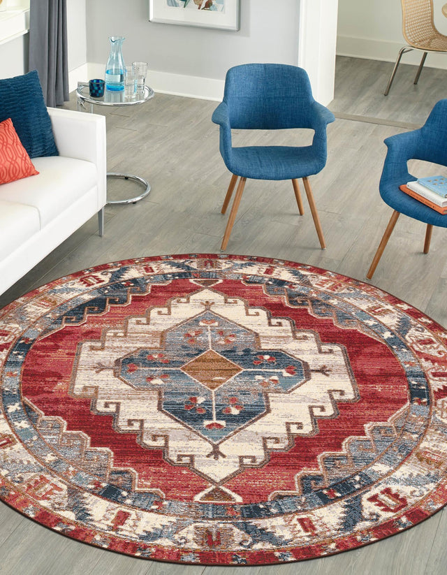 Red and Navy Blue 3' 1 x 3' 1 Outdoor Traditional Round Area Rug Weather Resistant for Patio, Deck, Terrace, Balcony, Porch Classical Design Outside Carpet for Sale at Rug Engine