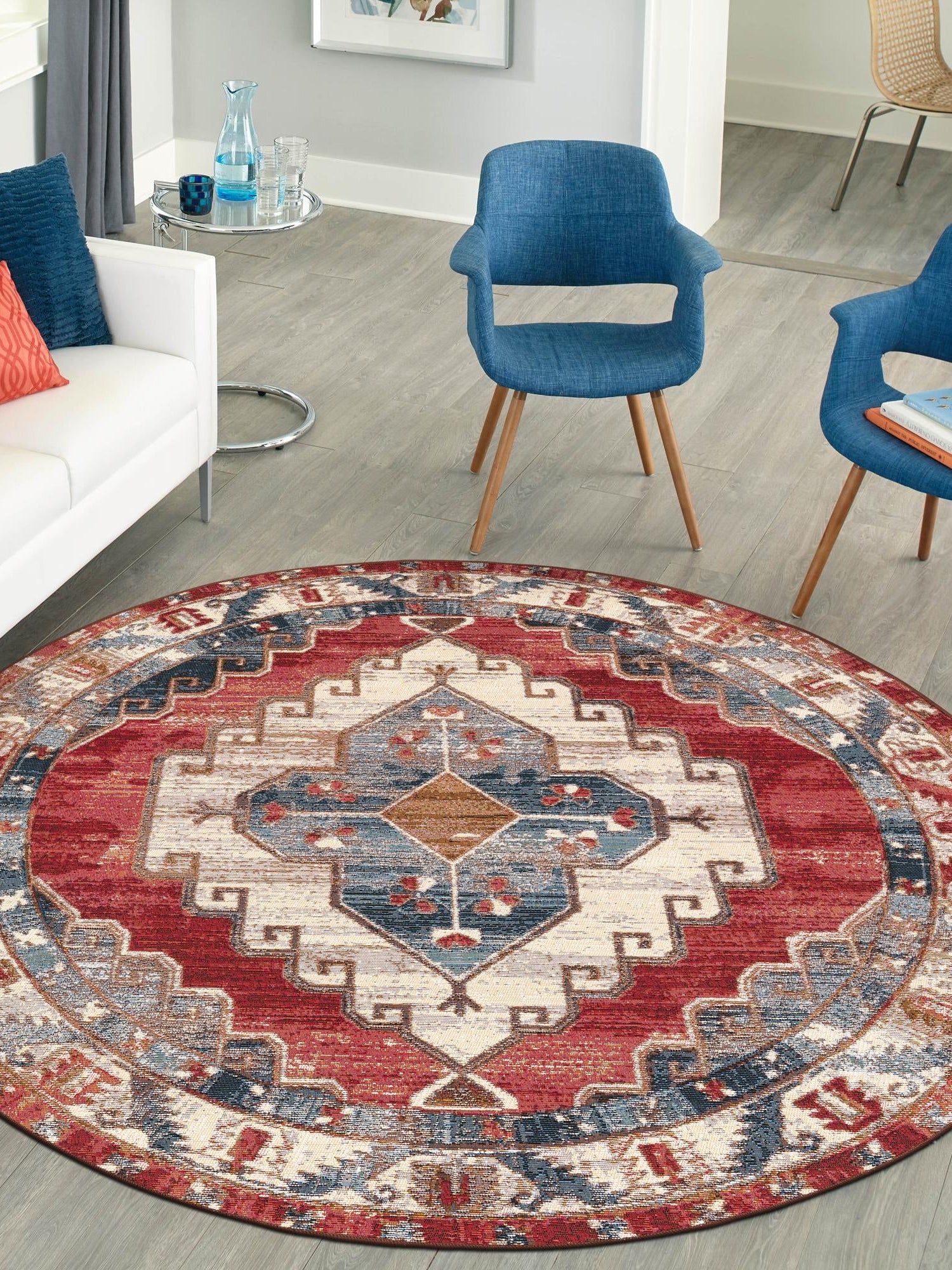 Red and Navy Blue 7' 10 x 7' 10 Outdoor Traditional Round Area Rug Weather Resistant for Patio, Deck, Terrace, Balcony, Porch Classical Design Outside Carpet for Sale at Rug Engine