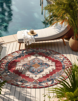 Red and Navy Blue 3' 1 x 3' 1 Outdoor Traditional Round Area Rug Weather Resistant for Patio, Deck, Terrace, Balcony, Porch Classical Design Outside Carpet for Sale at Rug Engine