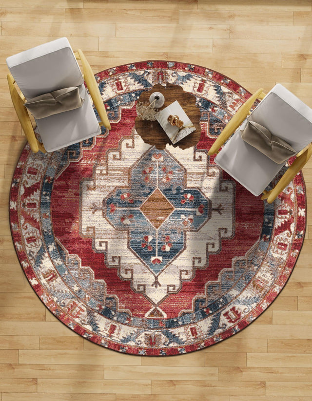 Red and Navy Blue 7' 10 x 7' 10 Outdoor Traditional Round Area Rug Weather Resistant for Patio, Deck, Terrace, Balcony, Porch Classical Design Outside Carpet for Sale at Rug Engine