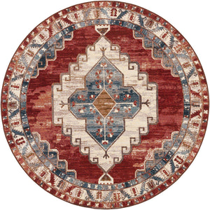 Red and Navy Blue 7' 10 x 7' 10 Outdoor Traditional Round Area Rug Weather Resistant for Patio, Deck, Terrace, Balcony, Porch Classical Design Outside Carpet for Sale at Rug Engine