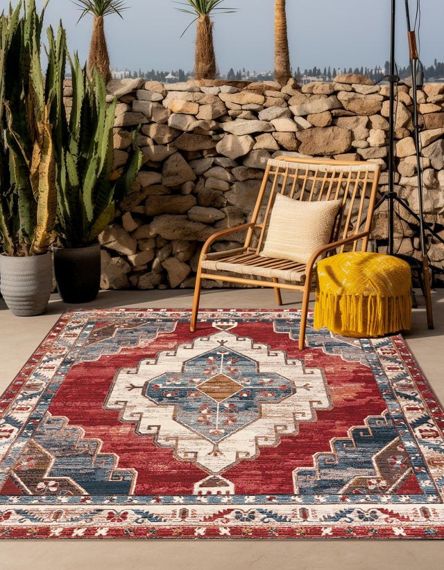 Red and Navy Blue 10' x 10' Outdoor Traditional Square Area Rug Weather Resistant for Patio, Deck, Terrace, Balcony, Porch Classical Design Outside Carpet for Sale at Rug Engine