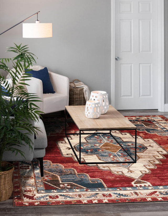Red and Navy Blue 10' x 10' Outdoor Traditional Square Area Rug Weather Resistant for Patio, Deck, Terrace, Balcony, Porch Classical Design Outside Carpet for Sale at Rug Engine