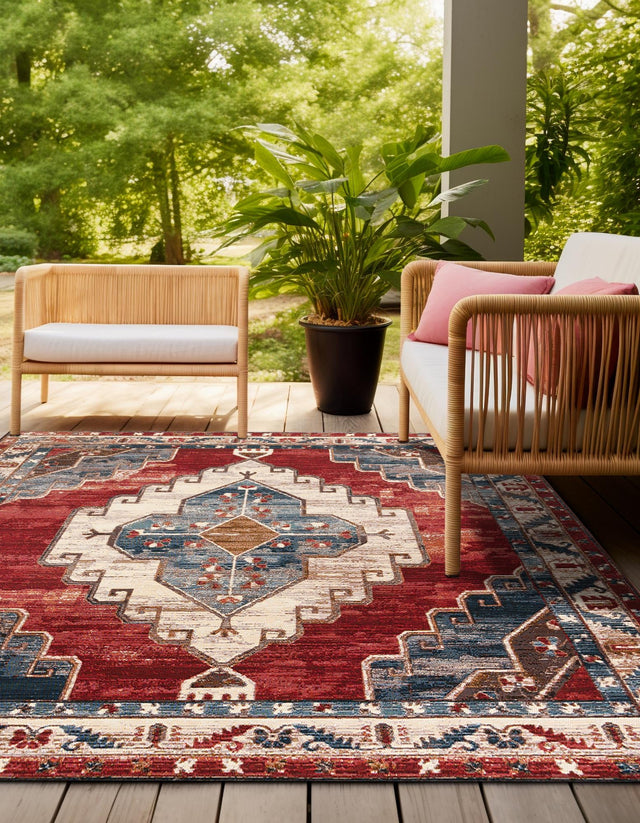 Red and Navy Blue 7' 10 x 7' 10 Outdoor Traditional Square Area Rug Weather Resistant for Patio, Deck, Terrace, Balcony, Porch Classical Design Outside Carpet for Sale at Rug Engine