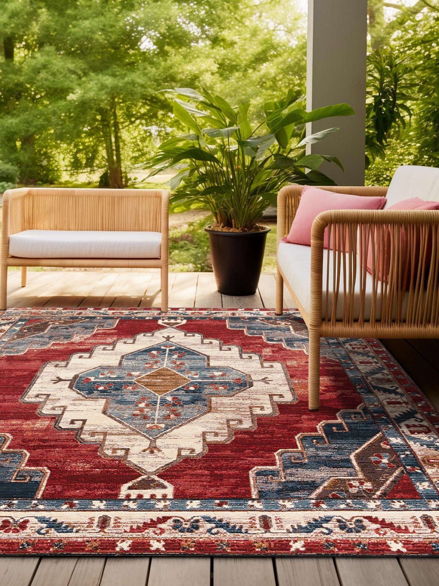 Red and Navy Blue 10' x 10' Outdoor Traditional Square Area Rug Weather Resistant for Patio, Deck, Terrace, Balcony, Porch Classical Design Outside Carpet for Sale at Rug Engine
