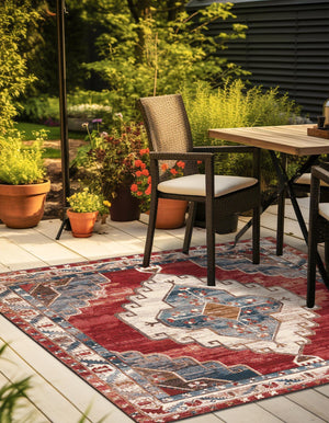 Red and Navy Blue 10' x 10' Outdoor Traditional Square Area Rug Weather Resistant for Patio, Deck, Terrace, Balcony, Porch Classical Design Outside Carpet for Sale at Rug Engine