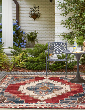 Red and Navy Blue 10' x 10' Outdoor Traditional Square Area Rug Weather Resistant for Patio, Deck, Terrace, Balcony, Porch Classical Design Outside Carpet for Sale at Rug Engine