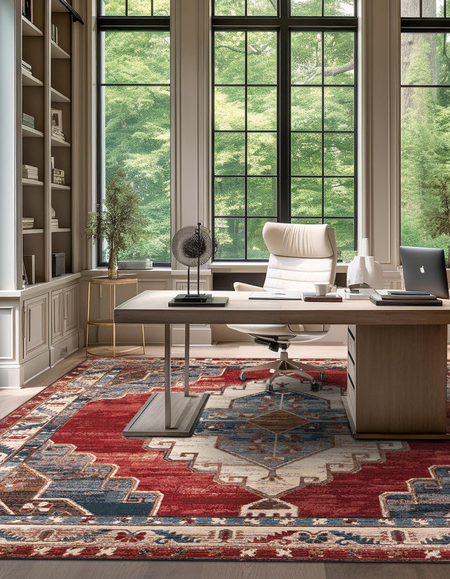 Red and Navy Blue 10' x 10' Outdoor Traditional Square Area Rug Weather Resistant for Patio, Deck, Terrace, Balcony, Porch Classical Design Outside Carpet for Sale at Rug Engine
